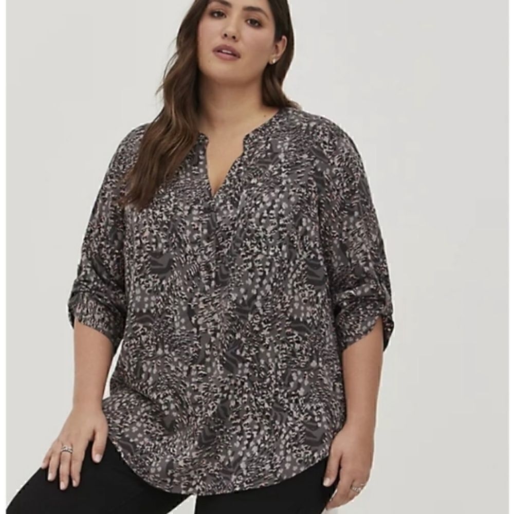 Torrid Blouse Womens 1X Gray Harper Rayon Twill Pullover Top 3/4 Sleeve